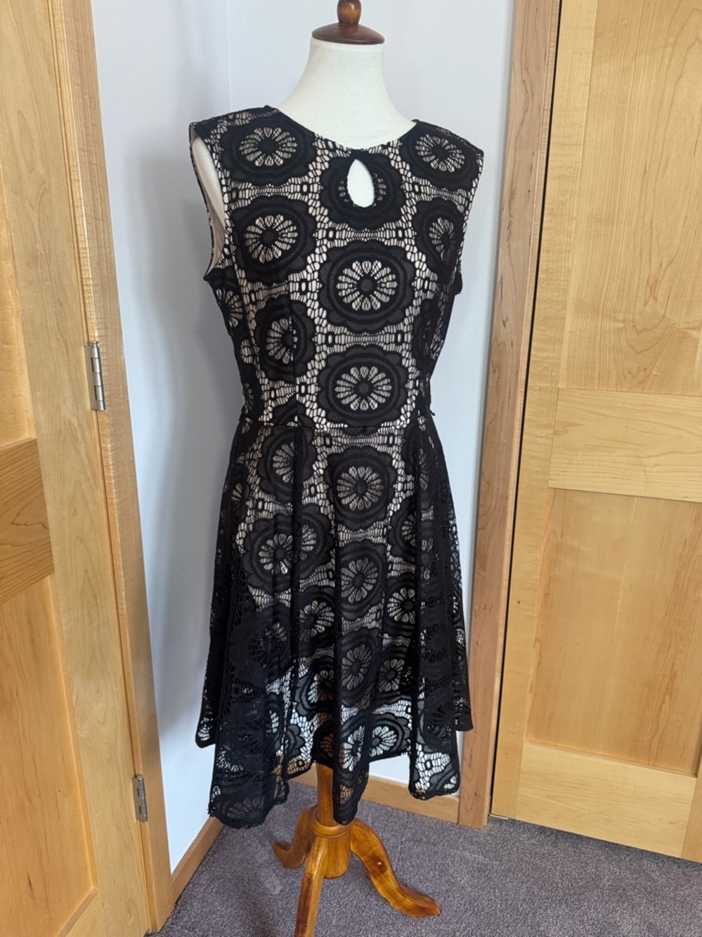 London Times Black Lace Overlay Fit & Flare Mini Dress